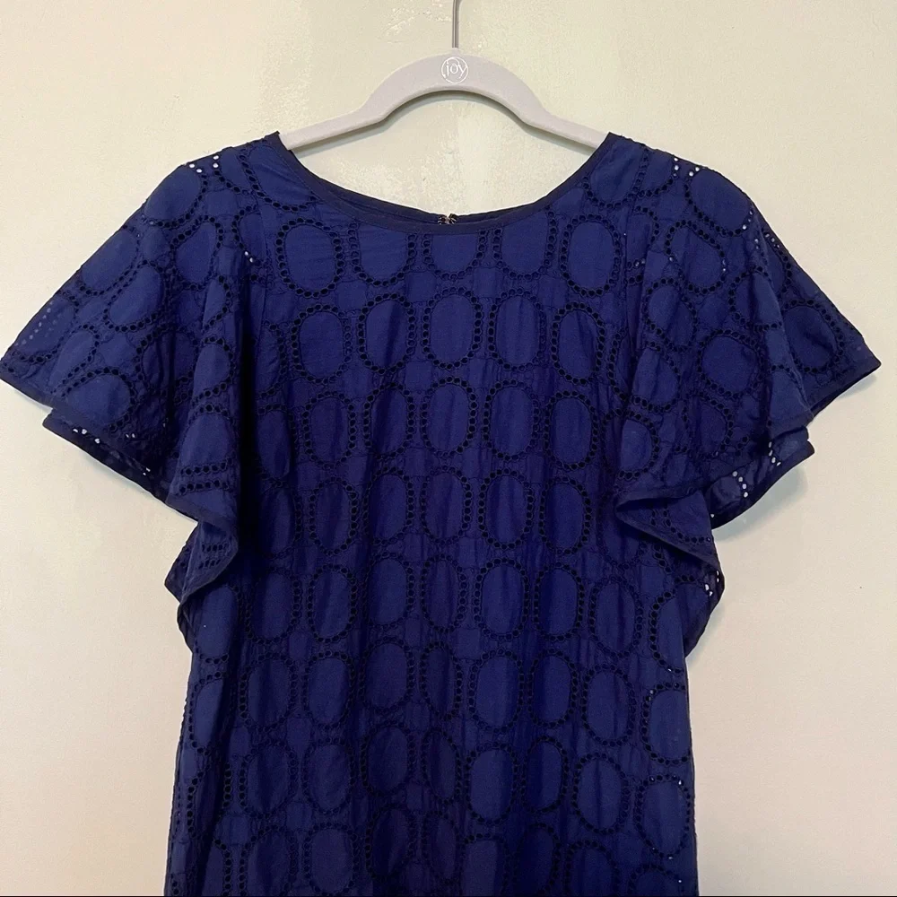 J. Crew Factory Scalloped Eyelet Navy Blue Shift Dress With Flutter Sleeve Sz 2